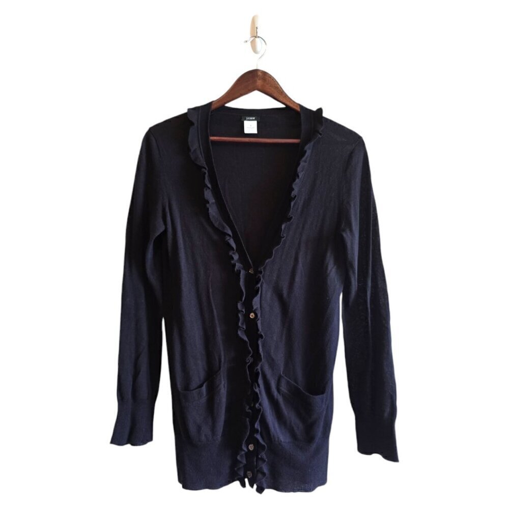 J. Crew Black Wool Blend Ruffle Front Boyfriend Fit Cardigan Sz S